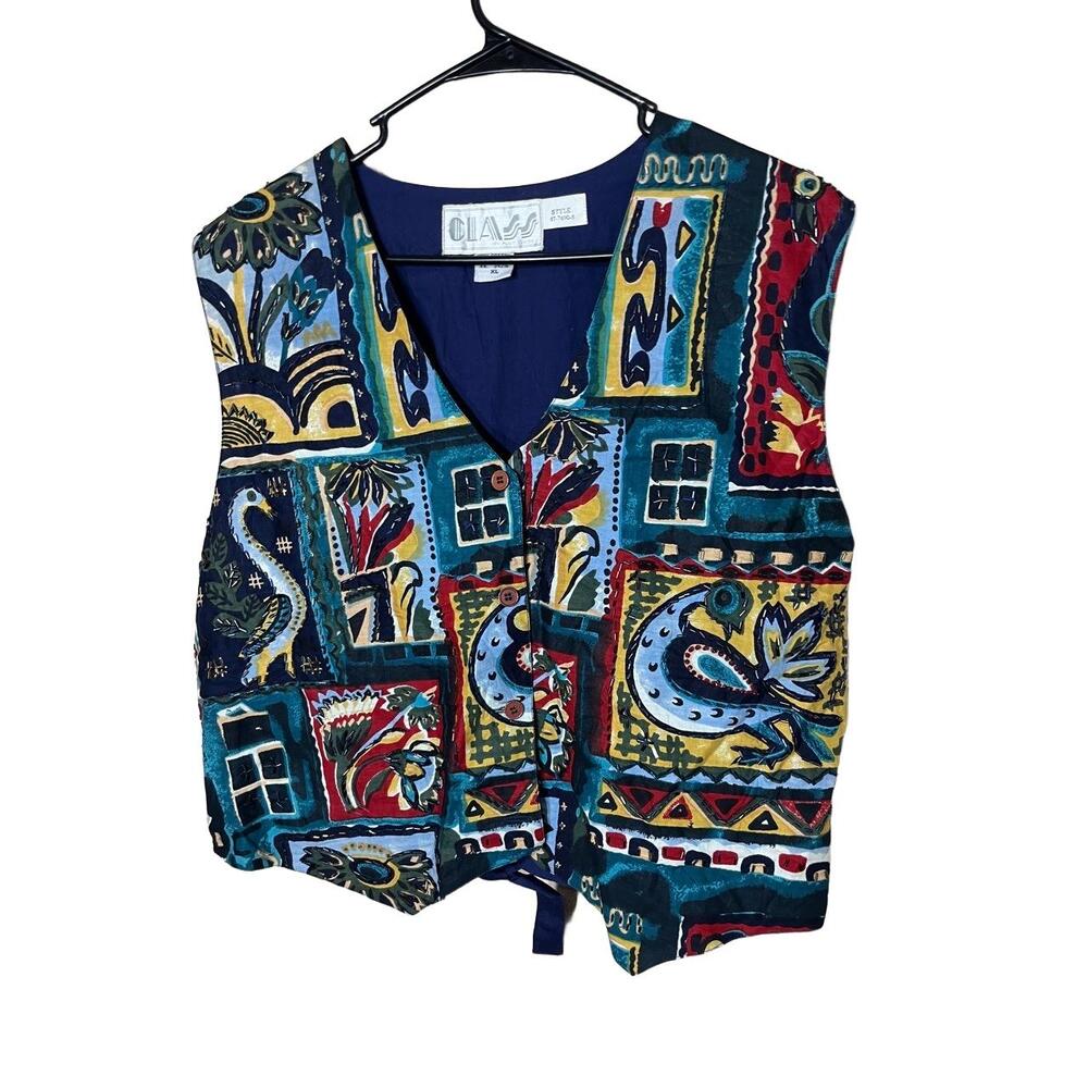 CLASS Vintage Vest Womens Size XL Abstract Folk Button Down Artsy